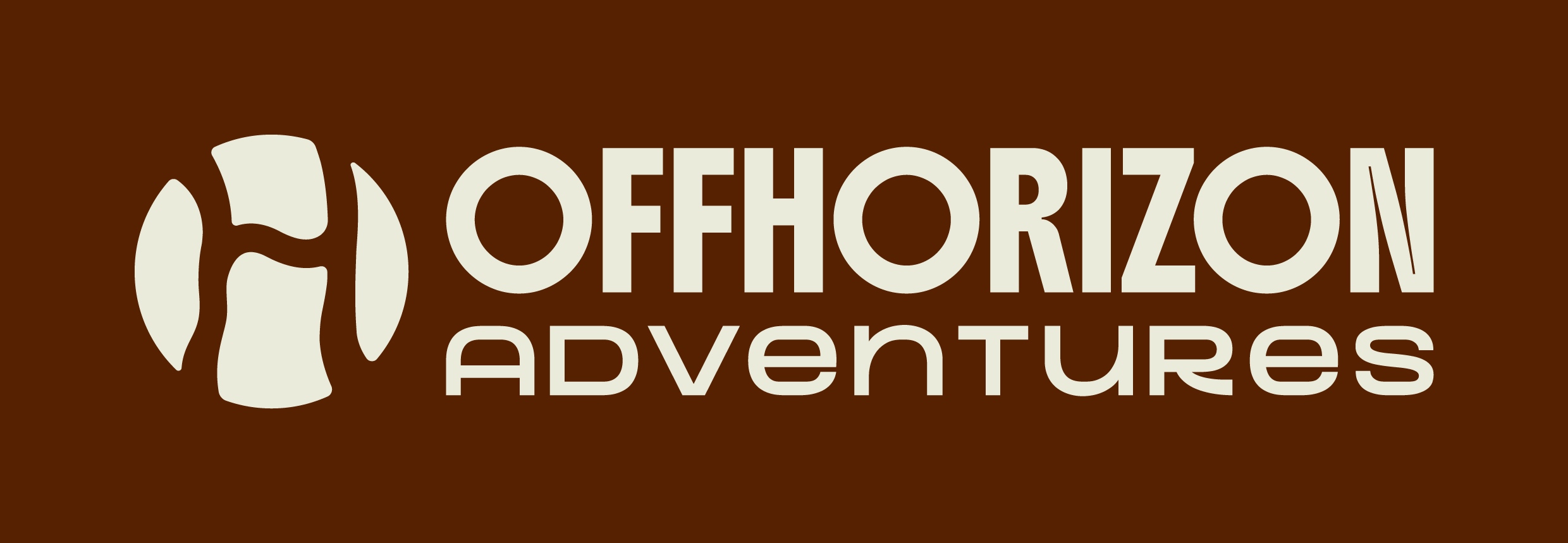 OffHorizon Adventures logo featuring a stylized rock monument icon and bold typography on a brown background representing outdoor adventure travel.
